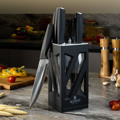 НАБОР НОЖЕЙ AGNESS НЖС НА ПЛАСТИКОВОЙ ВРАЩАЮЩЕЙСЯ ПОДСТАВКЕ 8 ПР.-0