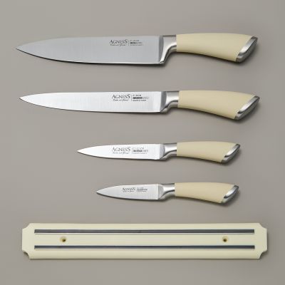 НАБОР НОЖЕЙ AGNESS 5 ПР.С МАГНИТНЫМ ДЕРЖАТЕЛЕМ И РУЧКОЙ ИЗ НЕРЖ.СТАЛИ-3