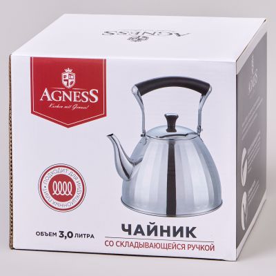 ЧАЙНИК AGNESS 3,0 Л СО СКЛАДЫВАЮЩЕЙСЯ РУЧКОЙ, СТАЛЬ 18/10, ИНДУКЦИОННОЕ КАПСУЛЬНОЕ ДНО-1