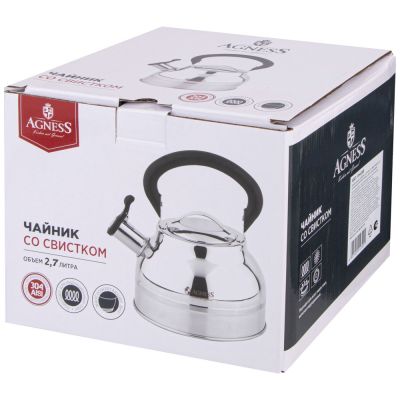 ЧАЙНИК AGNESS СО СВИСТКОМ 2,7Л, ТЕРМОАККУМУЛИРУЮЩЕЕ ДНО, 304 СТАЛЬ, ИНДУКЦИЯ-1