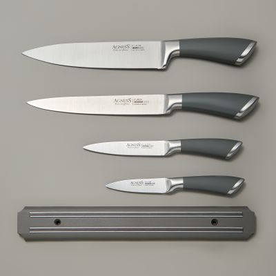 НАБОР НОЖЕЙ AGNESS 5 ПР.С МАГНИТНЫМ ДЕРЖАТЕЛЕМ И РУЧКОЙ ИЗ НЕРЖ.СТАЛИ-3