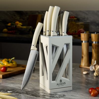 НАБОР НОЖЕЙ AGNESS НЖС НА ПЛАСТИКОВОЙ ВРАЩАЮЩЕЙСЯ ПОДСТАВКЕ 8 ПР.-0