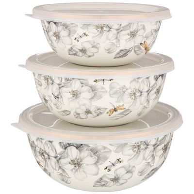 НАБОР МИСОК AGNESS ЭМАЛИРОВАН. С ПЛАСТИК.КРЫШКАМИ, СЕРИЯ ЯБЛОНЕВЫЙ САД, 6ПР.14/16/18СМ, 0,6/0,9/1,3Л-0