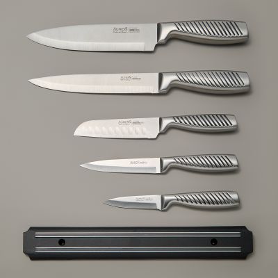 НАБОР НОЖЕЙ AGNESS 6 ПР.С МАГНИТНЫМ ДЕРЖАТЕЛЕМ И РУЧКОЙ ИЗ НЕРЖ.СТАЛИ-3