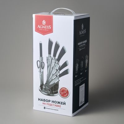 НАБОР НОЖЕЙ AGNESS НЖС  НА ПЛАСТИКОВОЙ ВРАЩАЮЩЕЙСЯ ПОДСТАВКЕ 8 ПР. (КОР=6НАБОР.)-1