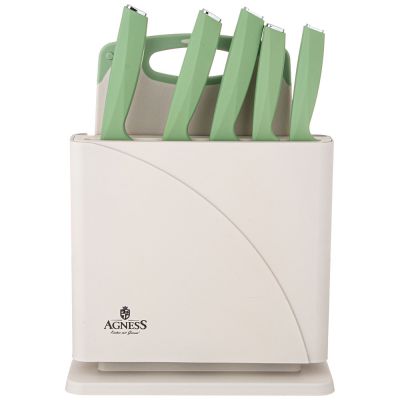 НАБОР НОЖЕЙ AGNESS НЖС НА ПЛАСТИКОВОЙ ПОДСТАВКЕ И РАЗДЕЛОЧНАЯ ДОСКА, 7 ПР.-0
