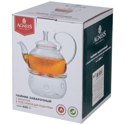 ЧАЙНИК ЗАВАРОЧНЫЙ AGNESS С ФИЛЬТРОМ ИЗ НЖС И СТЕКЛ. ПОДСТАВКОЙ ДЛЯ ПОДОГРЕВА 600 МЛ (КОР=18 НАБОР.)-1