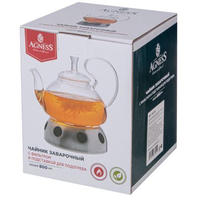 ЧАЙНИК ЗАВАРОЧНЫЙ AGNESS С ФИЛЬТРОМ ИЗ НЖС И ПОДСТАВКОЙ ДЛЯ ПОДОГРЕВА 800 МЛ (КОР=18 НАБОР.)-1