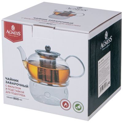 ЧАЙНИК ЗАВАРОЧНЫЙ AGNESS С ФИЛЬТРОМ ИЗ НЖС И СТЕКЛ. ПОДСТАВКОЙ ДЛЯ ПОДОГРЕВА 800 МЛ (КОР=24НАБОР.)-1