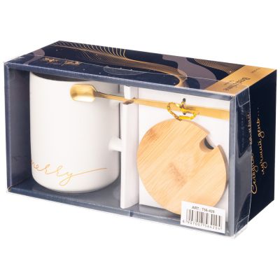 КРУЖКА БЕЛАЯ 380 МЛ С КРЫШКОЙ И ЛОЖКОЙ В ПОДАРОЧНОЙ УПАКОВКЕ (КОР=18ШТ)-1