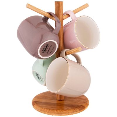 НАБОР ИЗ 4 КРУЖЕК НА ДЕРЕВЯННОЙ ПОДСТАВКЕ LEFARD 