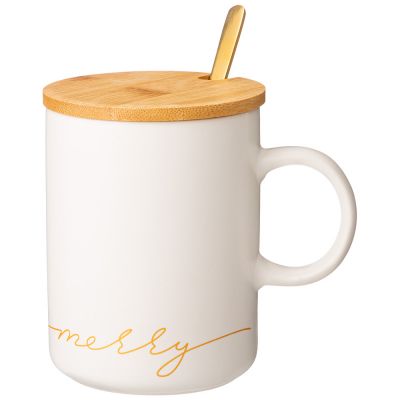 КРУЖКА БЕЛАЯ 380 МЛ С КРЫШКОЙ И ЛОЖКОЙ В ПОДАРОЧНОЙ УПАКОВКЕ (КОР=18ШТ)-0