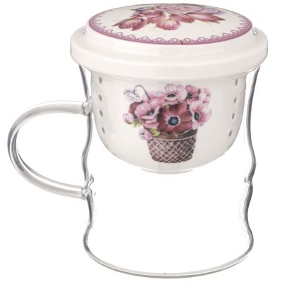 КРУЖКА СТЕКЛЯННАЯ С ФАРФОРОВЫМ СИТОМ LEFARD ТЮЛЬПАНЫ 420 МЛ-2