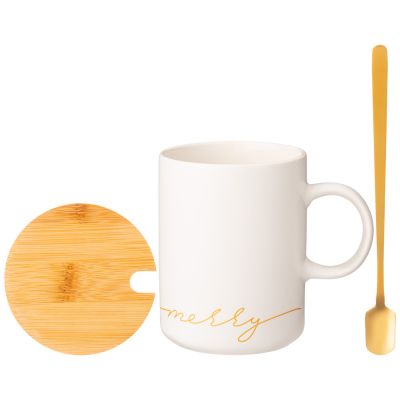 КРУЖКА БЕЛАЯ 380 МЛ С КРЫШКОЙ И ЛОЖКОЙ В ПОДАРОЧНОЙ УПАКОВКЕ (КОР=18ШТ)-2