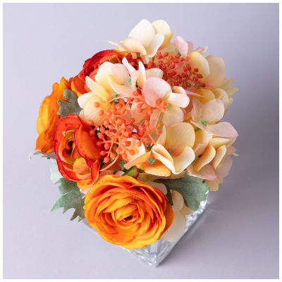 БУКЕТ ИСКУССТВЕННЫХ ЦВЕТОВ В КВАДРАТНОЙ ВАЗЕ ВЫСОТА= 16СМ  (МАЛ=8ШТ./КОР=24ШТ.)-1