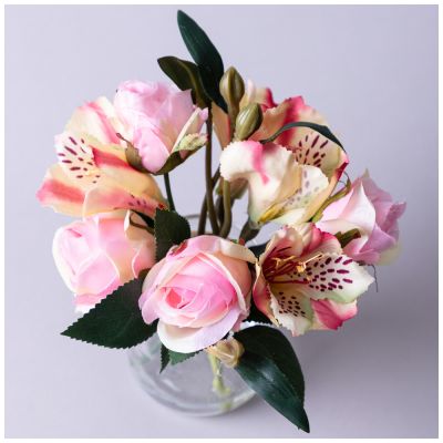 БУКЕТ ИСКУССТВЕННЫХ ЦВЕТОВ В КРУГЛОЙ ВАЗЕ ВЫСОТА= 16СМ  (МАЛ=8ШТ./КОР=64ШТ.)-1