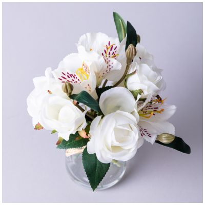 БУКЕТ ИСКУССТВЕННЫХ ЦВЕТОВ В КРУГЛОЙ ВАЗЕ ВЫСОТА= 16СМ  (МАЛ=8ШТ./КОР=64ШТ.)-1