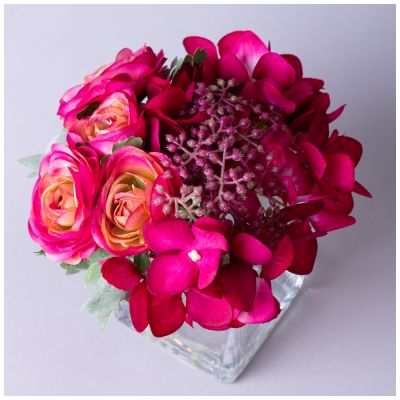 БУКЕТ ИСКУССТВЕННЫХ ЦВЕТОВ В КВАДРАТНОЙ ВАЗЕ ВЫСОТА= 16СМ  (МАЛ=8ШТ./КОР=24ШТ.)-1