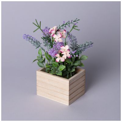 ЦВЕТОЧНАЯ КОМПОЗИЦИЯ В ДЕРЕВЯННОМ КАШПО ВЫСОТА=23СМ-0