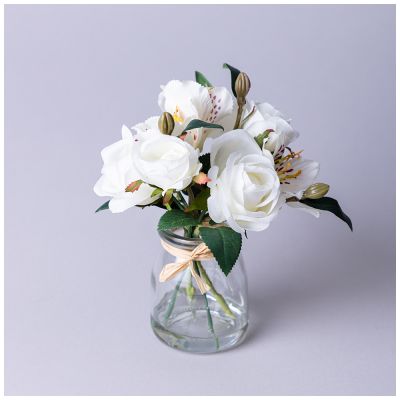 БУКЕТ ИСКУССТВЕННЫХ ЦВЕТОВ В КРУГЛОЙ ВАЗЕ ВЫСОТА= 16СМ  (МАЛ=8ШТ./КОР=64ШТ.)-0