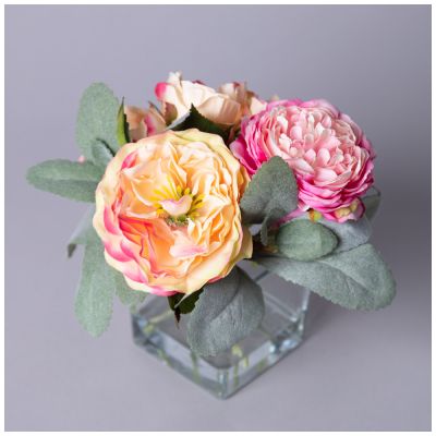БУКЕТ ИСКУССТВЕННЫХ ЦВЕТОВ В КВАДРАТНОЙ ВАЗЕ ВЫСОТА= 18СМ  (МАЛ=8ШТ./КОР=24ШТ.)-1