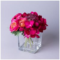 БУКЕТ ИСКУССТВЕННЫХ ЦВЕТОВ В КВАДРАТНОЙ ВАЗЕ ВЫСОТА= 16СМ  (МАЛ=8ШТ./КОР=24ШТ.)