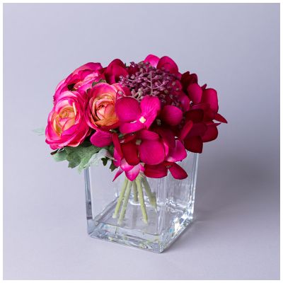 БУКЕТ ИСКУССТВЕННЫХ ЦВЕТОВ В КВАДРАТНОЙ ВАЗЕ ВЫСОТА= 16СМ  (МАЛ=8ШТ./КОР=24ШТ.)-0