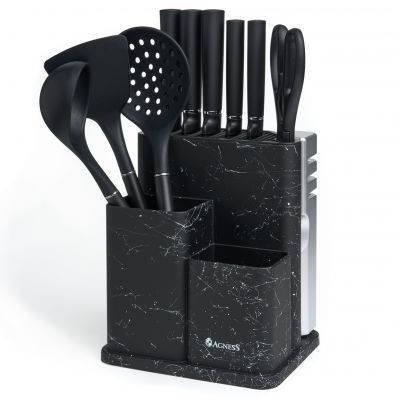 НАБОР AGNESS ИЗ 11ПР:5 НОЖЕЙ,ПОЛОВНИК,ЛОПАТКА,ШУМОВКА,ПОДСТАВКА,НОЖЕТОЧКА,НОЖНИЦЫ,ЧЕРНЫЙ МРАМОР/СЕРЫ-0