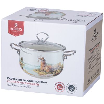 КАСТРЮЛЯ AGNESS ЭМАЛИРОВАННАЯ СО СТЕКЛЯННОЙ КРЫШКОЙ СЕРИЯ 