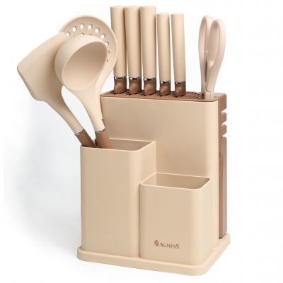 НАБОР AGNESS ИЗ 11ПР: 5 НОЖЕЙ,ПОЛОВНИК,ЛОПАТКА,ШУМОВКА,ПОДСТАВКА,НОЖЕТОЧКА И НОЖНИЦЫ, ЦВЕТ: БЕЖЕВЫЙ-0