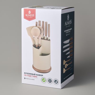 НАБОР AGNESS ИЗ 9ПР: 5 НОЖЕЙ, ПОЛОВНИК, ЛОПАТКА И ШУМОВКА, ВРАЩАЮЩАЯСЯ ПОДСТАВКА-1