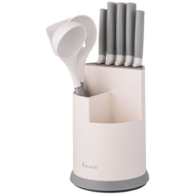 НАБОР AGNESS ИЗ 9ПР: 5 НОЖЕЙ, ПОЛОВНИК, ЛОПАТКА И ШУМОВКА, ВРАЩАЮЩАЯСЯ ПОДСТАВКА, ЦВЕТ: СЕРЫЙ-0