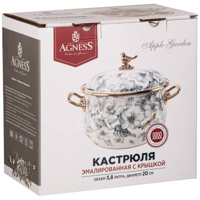 КАСТРЮЛЯ ЭМАЛИРОВАННАЯ AGNESS С КРЫШКОЙ, СЕРИЯ ЯБЛОНЕВЫЙ САД 3,8Л, ДИА.20СМ ПОДХОДИТ ДЛЯ ИНДУК.ПЛ-1