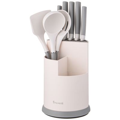 НАБОР AGNESS ИЗ 9ПР: 5 НОЖЕЙ, ПОЛОВНИК, ЛОПАТКА И ШУМОВКА, ВРАЩАЮЩАЯСЯ ПОДСТАВКА, ЦВЕТ: СЕРЫЙ-2