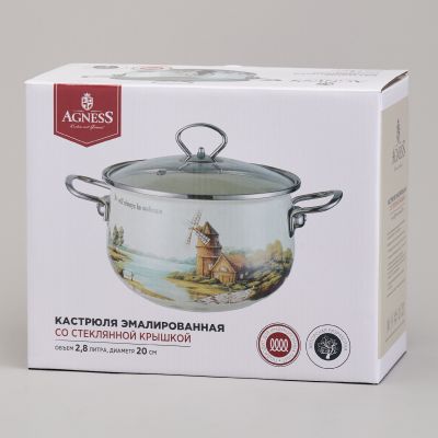 КАСТРЮЛЯ AGNESS ЭМАЛИРОВАННАЯ СО СТЕКЛЯННОЙ КРЫШКОЙ СЕРИЯ 