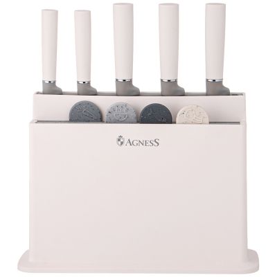 НАБОР AGNESS ИЗ 10ПР: 5 НОЖЕЙ, 4 ДОСКИ И ПОДСТАВКА, ЦВЕТ: БЕЛО-СЕРЫЙ-0