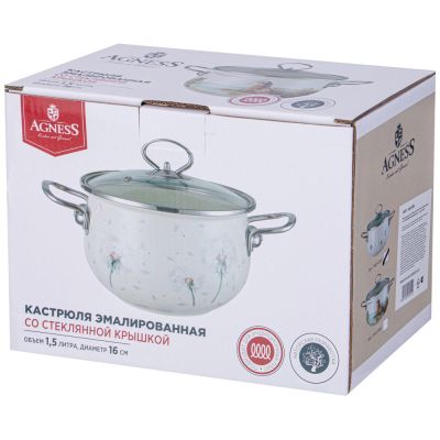 КАСТРЮЛЯ AGNESS ЭМАЛИРОВАННАЯ СО СТЕКЛЯННОЙ КРЫШКОЙ СЕРИЯ 