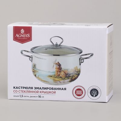КАСТРЮЛЯ AGNESS ЭМАЛИРОВАННАЯ СО СТЕКЛЯННОЙ КРЫШКОЙ СЕРИЯ 