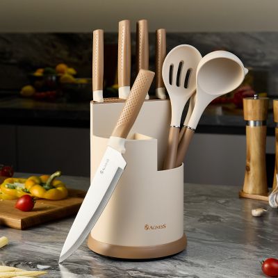 НАБОР AGNESS ИЗ 9ПР: 5 НОЖЕЙ, ПОЛОВНИК, ЛОПАТКА И ШУМОВКА, ВРАЩАЮЩАЯСЯ ПОДСТАВКА-0