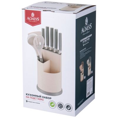 НАБОР AGNESS ИЗ 9ПР: 5 НОЖЕЙ, ПОЛОВНИК, ЛОПАТКА И ШУМОВКА, ВРАЩАЮЩАЯСЯ ПОДСТАВКА, ЦВЕТ: СЕРЫЙ-1
