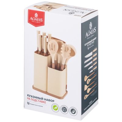 НАБОР AGNESS ИЗ 12ПР: 5 НОЖЕЙ,ДОСКА,ПОДСТАВКА,ПОЛОВНИК,ЛОЖКА,ЛОПАТКА,ШУМОВКА,ЛОЖКА ДЛЯ СПАГЕТТИ-1
