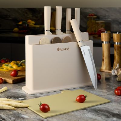 НАБОР AGNESS ИЗ 10ПР: 5 НОЖЕЙ, 4 ДОСКИ И ПОДСТАВКА, ЦВЕТ: БЕЖЕВЫЙ-0