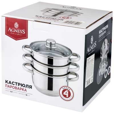 КАСТРЮЛЯ-ПАРОВАРКА AGNESS 3-Х ЯРУСНАЯ, 4 ПРЕДМЕТА, СЕРИЯ 