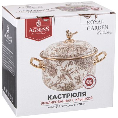 КАСТРЮЛЯ ЭМАЛИРОВАННАЯ AGNESS С КРЫШКОЙ, СЕРИЯ ROYAL GARDEN 3,8Л, ДИА.20СМ ПОДХОДИТ ДЛЯ ИНДУКЦИОН.ПЛ-1