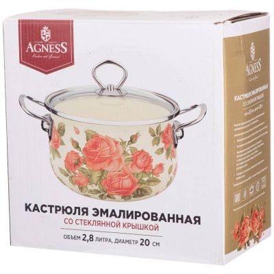 КАСТРЮЛЯ ЭМАЛИРОВАННАЯ AGNESS СО СТЕКЛЯННОЙ КРЫШКОЙ СЕРИЯ 