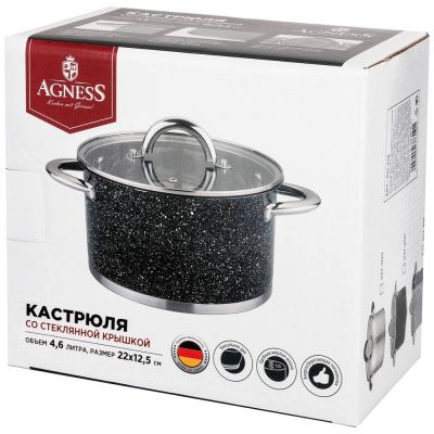 КАСТРЮЛЯ AGNESS СО СТЕКЛЯННОЙ КРЫШКОЙ, НЕРЖ.СТАЛЬ, СЕРИЯ BLACK MARBLE 4,6Л 22Х12,5СМ (КОР=4ШТ.)-1
