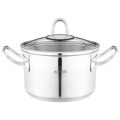 КАСТРЮЛЯ AGNESS 16X10 СМ 1,8 Л ВЫСОКОКАЧЕСТВЕННАЯ НЕРЖ СТАЛЬ 18/10 СО СТЕКЛ.КРЫШКОЙ-0