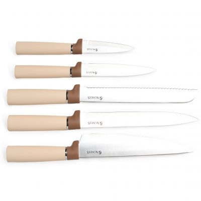 НАБОР AGNESS ИЗ 11ПР: 5 НОЖЕЙ,ПОЛОВНИК,ЛОПАТКА,ШУМОВКА,ПОДСТАВКА,НОЖЕТОЧКА И НОЖНИЦЫ, ЦВЕТ: БЕЖЕВЫЙ-1