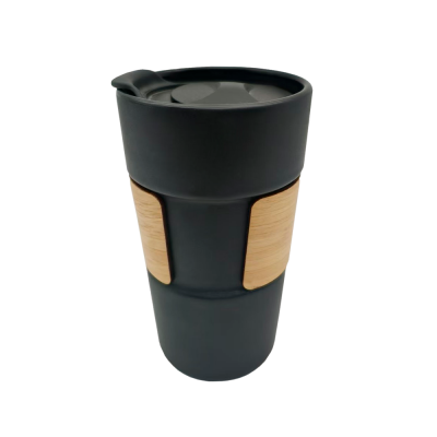 Кружка керамическая с деревянной манжетой Nexus, чёрная-1