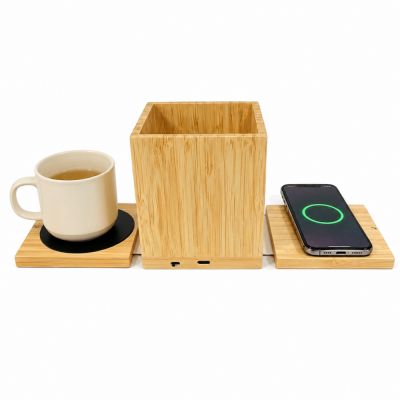 Настольный органайзер Bambrew c беспроводной зарядкой и функцией подогрева, светло-коричневый-5